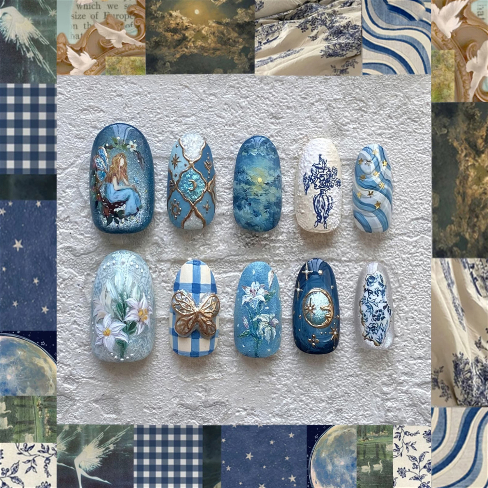 Pressed Flower Art - 24pcs Vintage Garden Fake Nails Almond