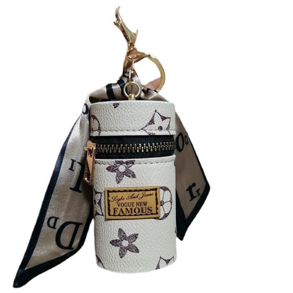 Monogram Keychain Leather - White Monogram Floral Print Cylindrical PU