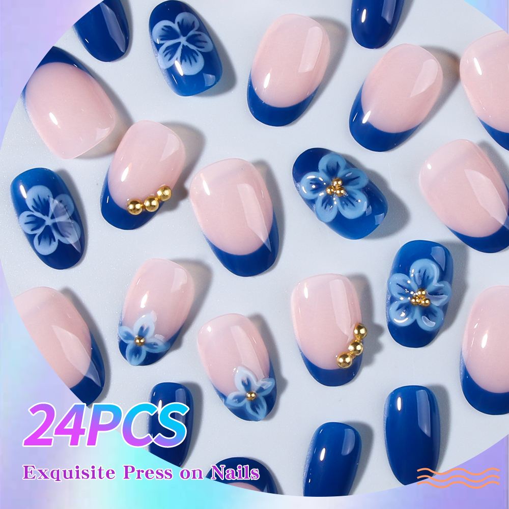 24pcs Short Oval 3D Gel Nail S - Pressed Flower Art recensione e prezzo